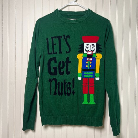 Let’s Get Nuts Women’s Ugly Christmas Sweater Nutcracker Holiday Party Red Green - Picture 1 of 3